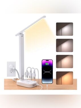 LED Small Desk Lamp w/Power Strip 5ft Extension Cord